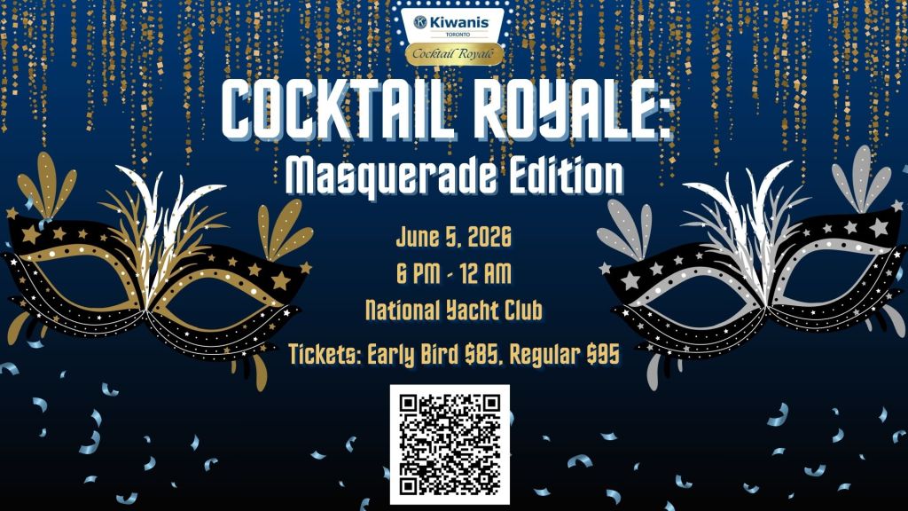 Promotional poster for the 'Cocktail Royale: Masquerade Edition' event, featuring elegant masks, glittering decorations, and event details including date, time, and ticket prices.