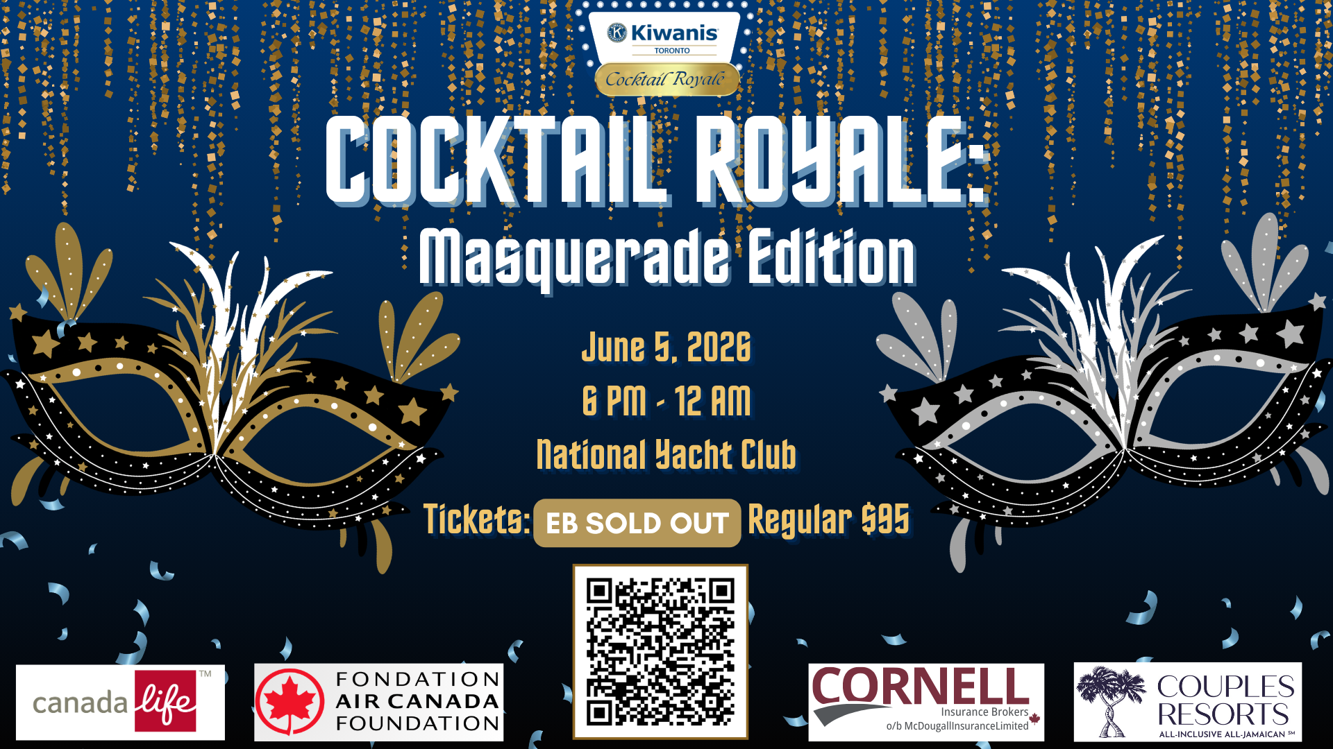 Promotional poster for the 'Cocktail Royale: Masquerade Edition' event featuring a decorative mask, event details, and logos of sponsors.